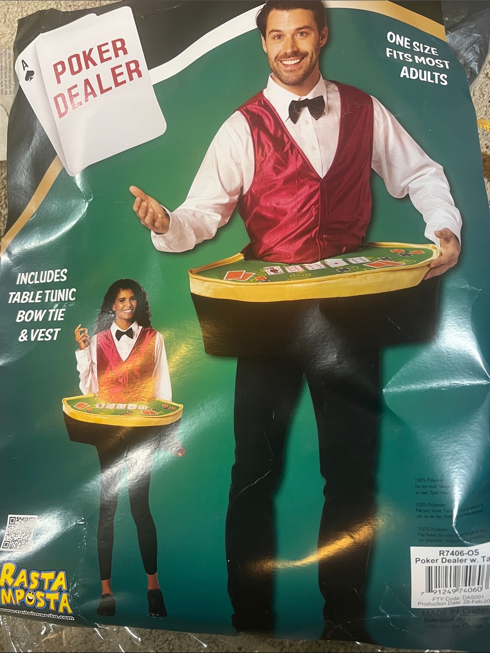 Adult Red Poker Dealer Table Tunic Costume with Bow Tie and Vest
